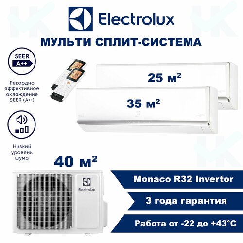 Инверторная мульти сплит-система ELECTROLUX серии Monaco на 2 комнаты (25 м2 + 35 м2) с наружным блоком 40 м2, Попеременная работа